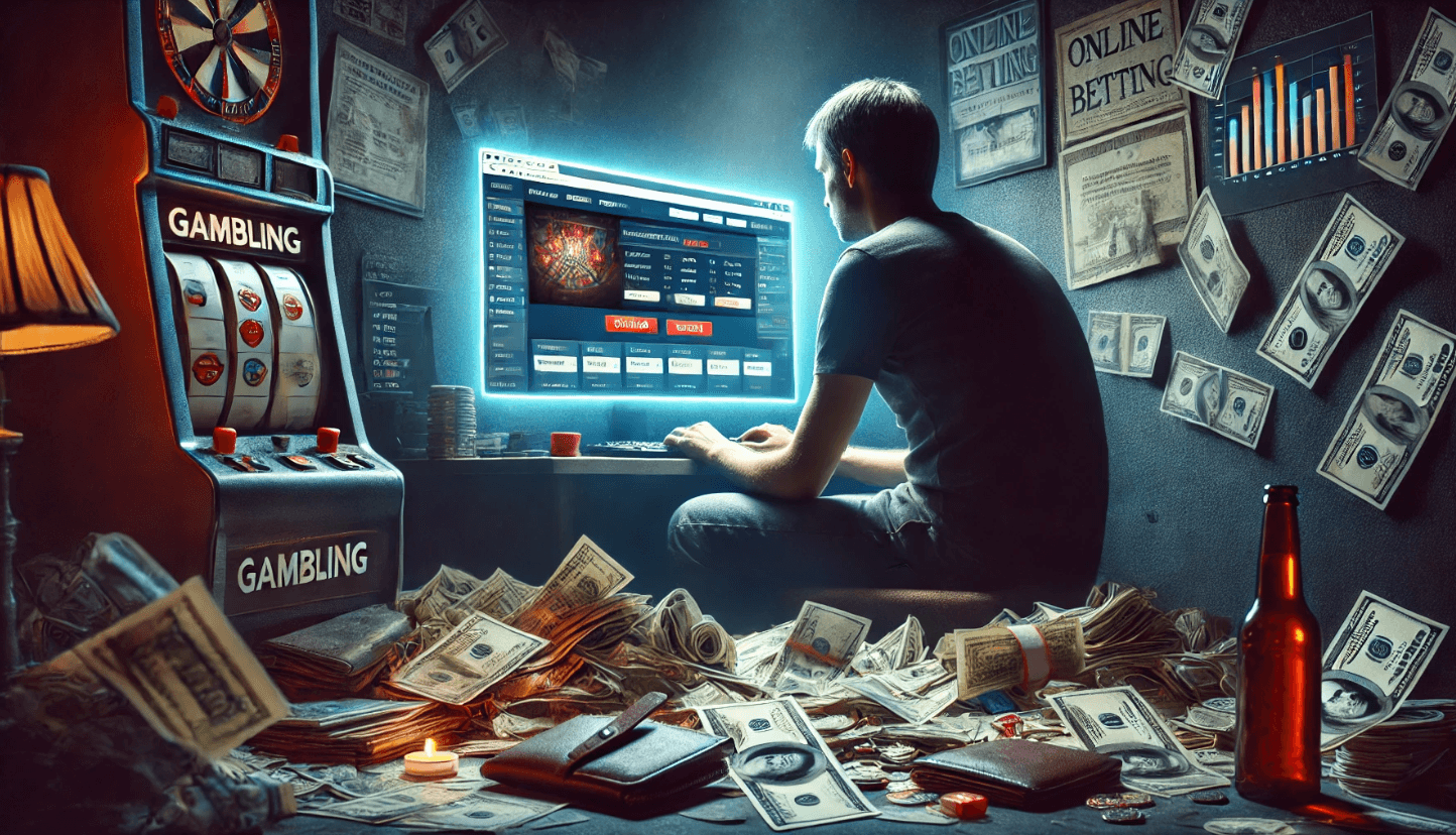 Dangers of online betting, showing a person in financial distress surrounded by bills and credit cards.