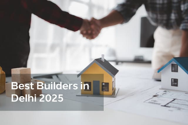 Real estate developers shaking hands with model house and blueprint - Best Builders in Delhi 2025