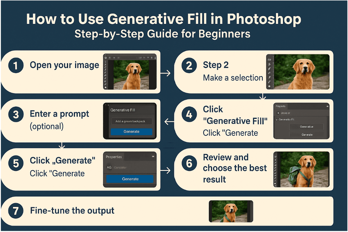Step-by-step infographic on how to use generative fill in Photoshop, with numbered steps and explanations