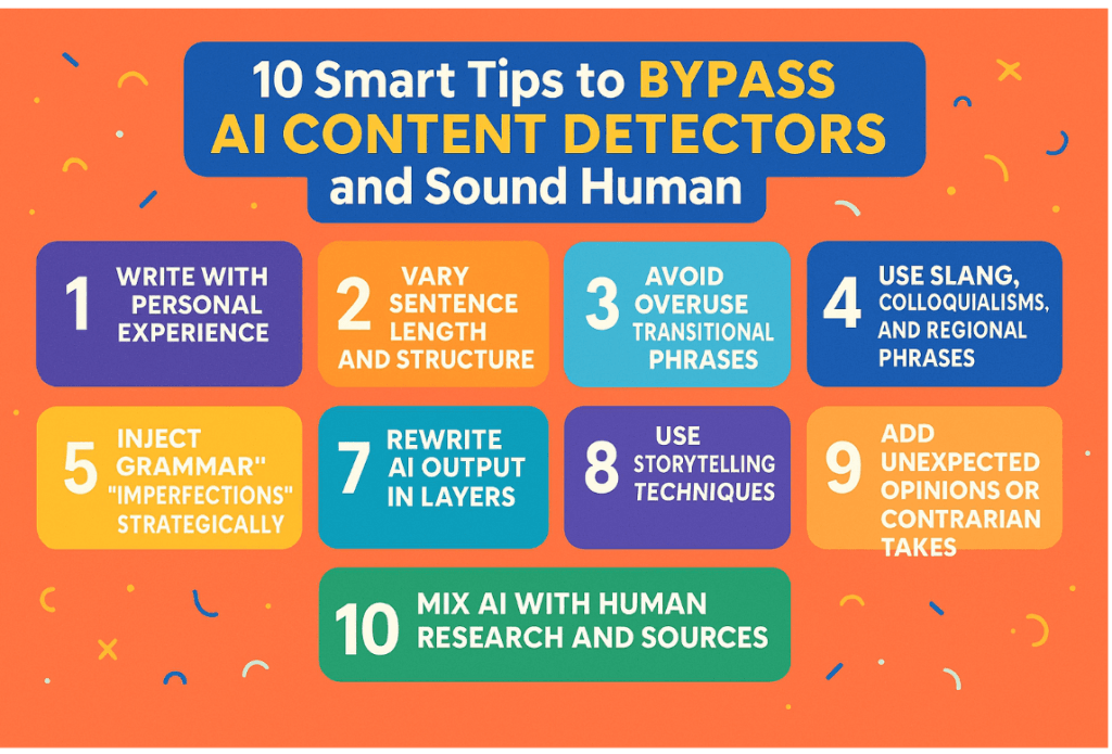 Infographic showing 10 smart tips to bypass AI content detectors, with colorful sections highlighting strategies like using personal experience, storytelling, and sentence variation.