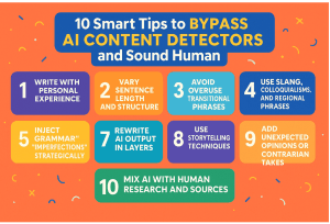 Infographic showing 10 smart tips to bypass AI content detectors, with colorful sections highlighting strategies like using personal experience, storytelling, and sentence variation.