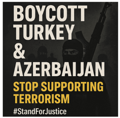 Protest-style graphic with militant figure holding rifle, bold text 'Boycott Turkey & Azerbaijan' on dark textured background.