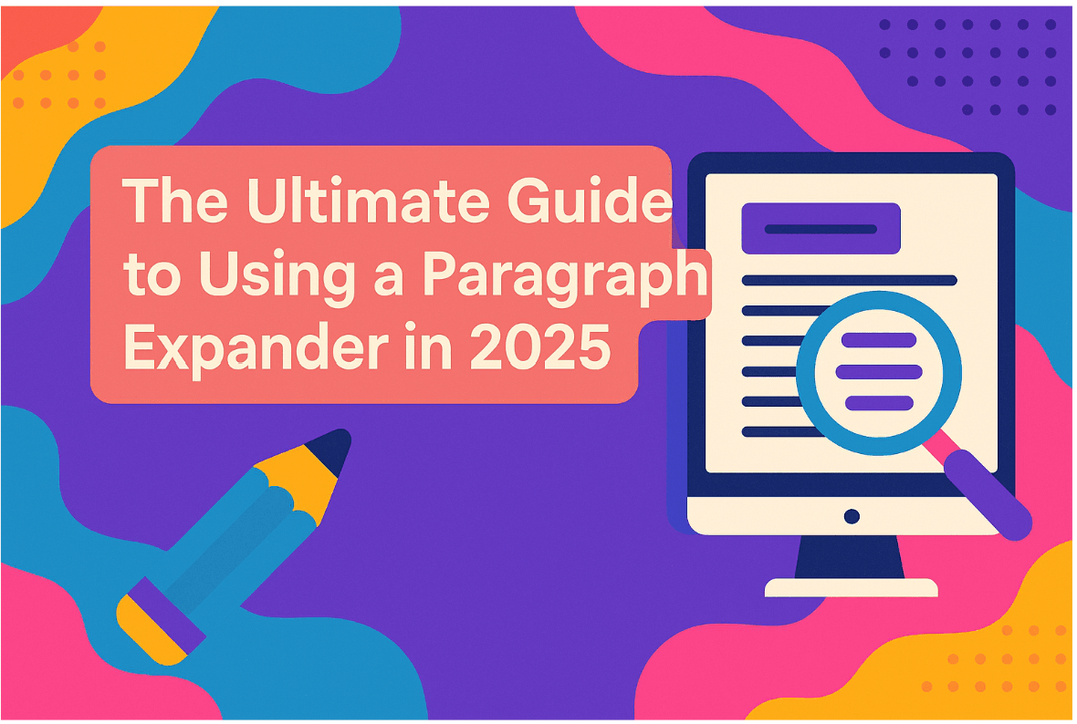 Illustration of a colorful digital workspace with the title "The Ultimate Guide to Using a Paragraph Expander in 2025" featuring a computer, magnifying glass, and creative design elements.