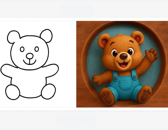 A side-by-side image showing a simple bear sketch on the left and a colorful, cartoon-style 3D bear on the right generated by Scribble Diffusion AI.