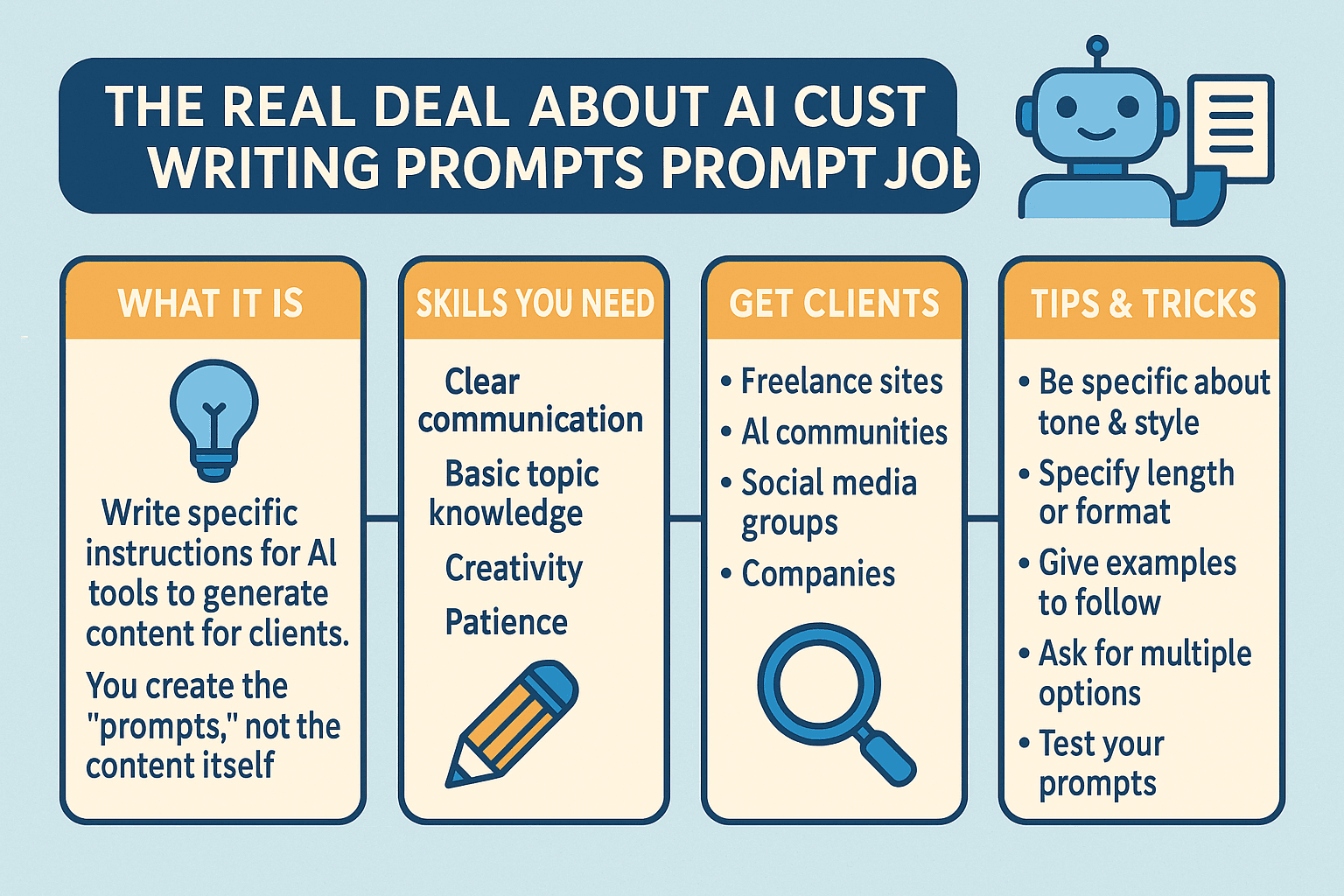 Infographic explaining what an AI custom writing prompts job is, including required skills, where to get clients, and useful tips for writing effective AI prompts.
