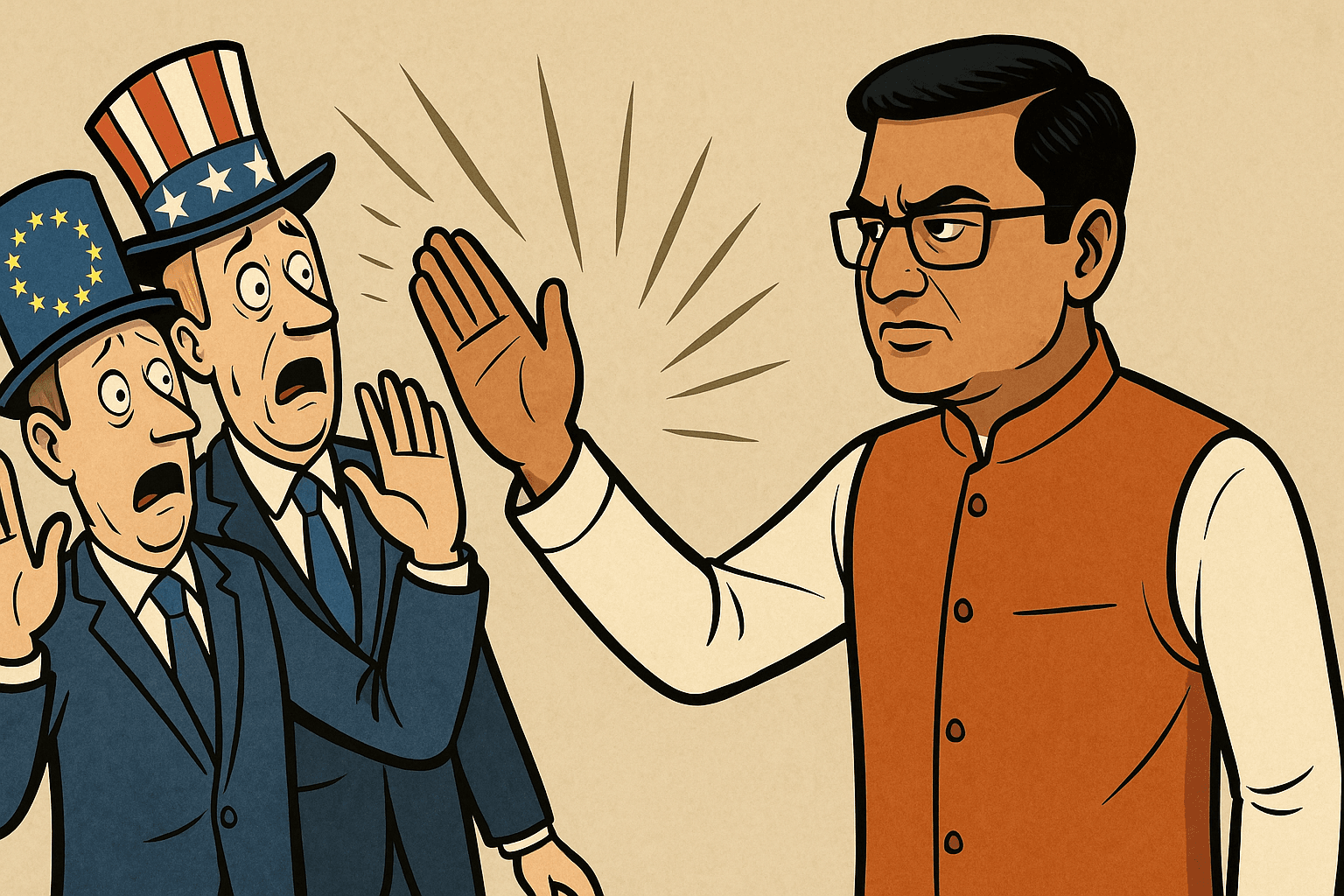 Indian man in traditional attire confronting shocked Western figures representing the European Union and United States, symbolizing India’s geopolitical rise.