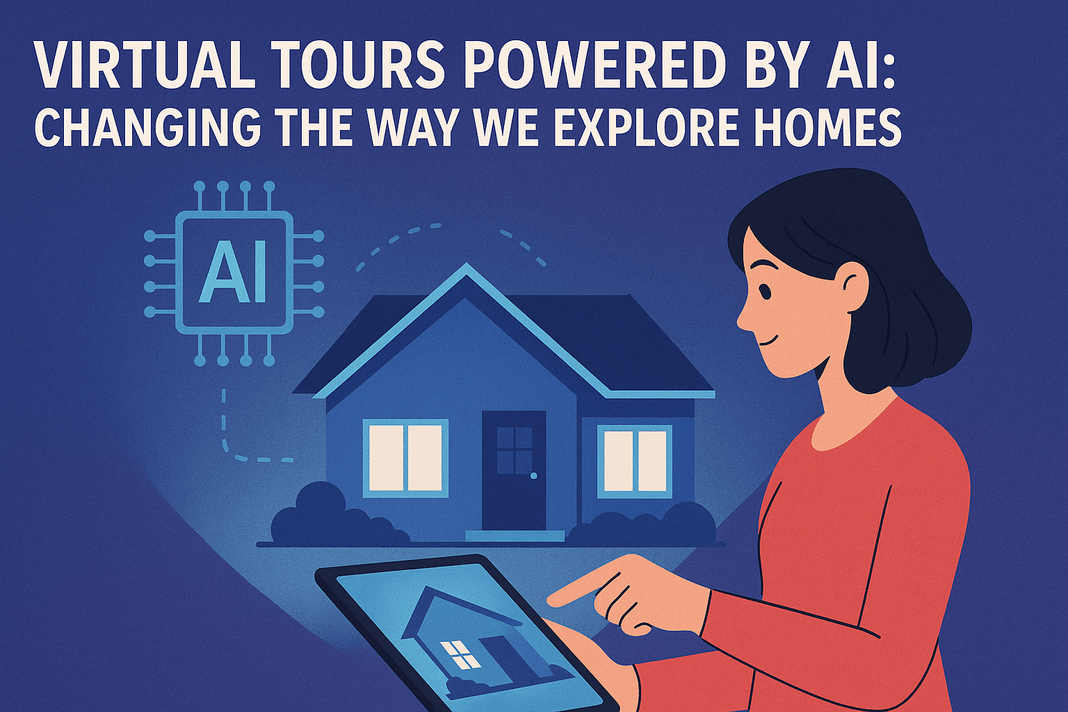 Woman using a tablet for AI-powered virtual home tour with house and AI chip icon in background