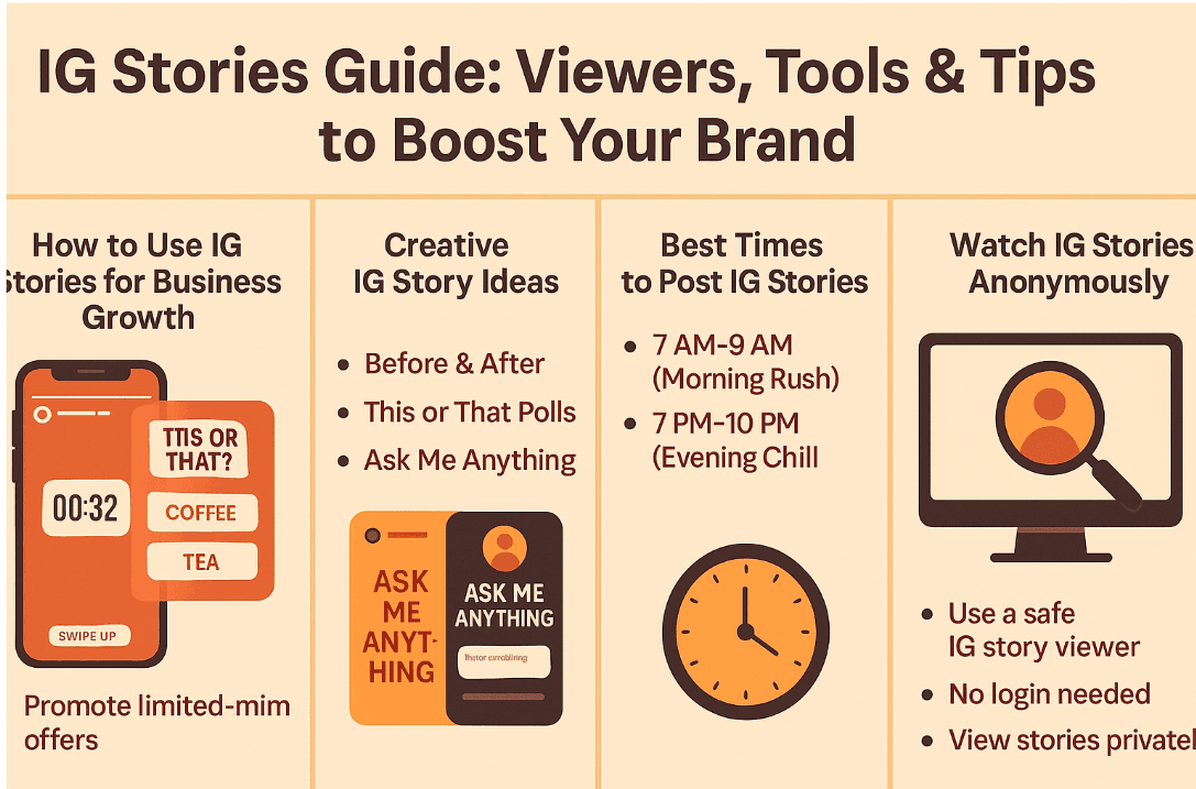 IG Stories infographic showing business growth tips, creative ideas, best times to post, and anonymous IG story viewer tools